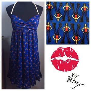 Vintage Betsey Johnson Blue Dress with Red and Yellow Woman Pattern